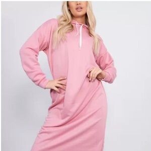 Benin Pink Long Sleeve Drawstring‎ Hood Midi Length Sweatshirt Dress  NWOT